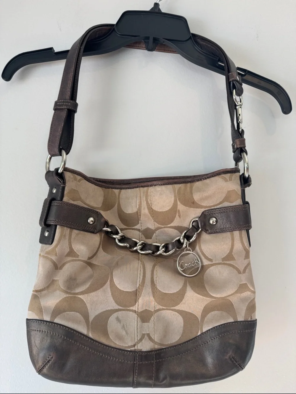 Coach Signature Crossbody Sateen w/Brown Leather Trim & Gold Chain Accent *READ*